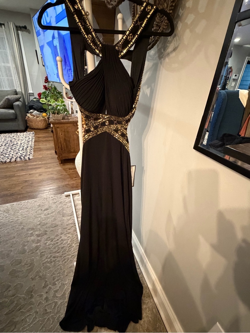 NWT ✨ Betsy & Adam Black Evening Gown with Gold Sequin Accents size 4